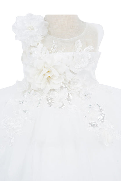 Close-up front view of ivory dress showing beadwork and floral embroidery detail