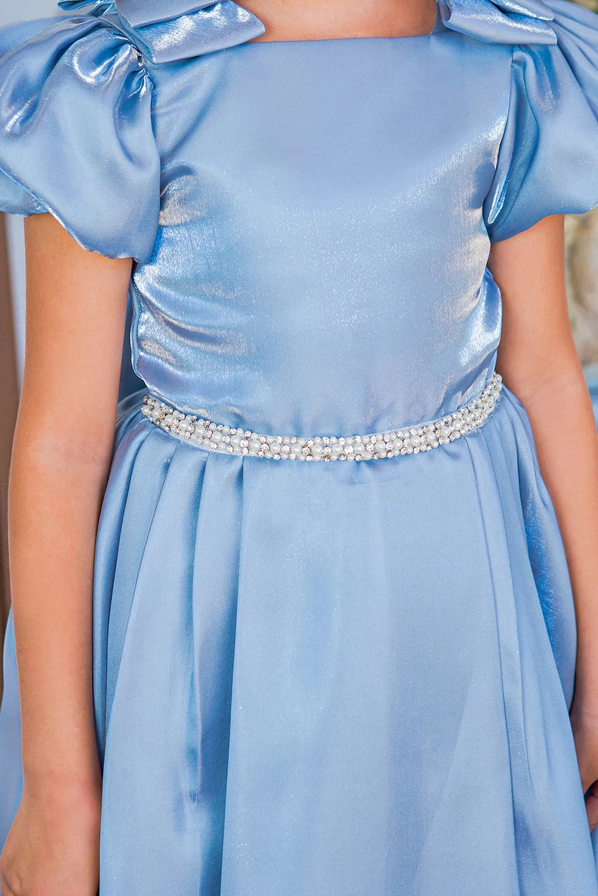 Visible on this Blue flower girl dress: beaded waist belt below the square neckline.