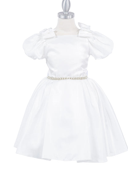 Ivory flower girl dress features puff sleeves above a flared satin skirt.