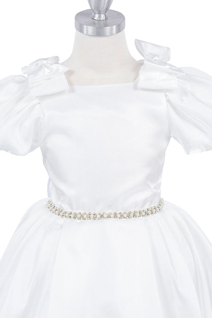 Visible on this Ivory flower girl dress: shoulder bows and crystal-like waist belt.