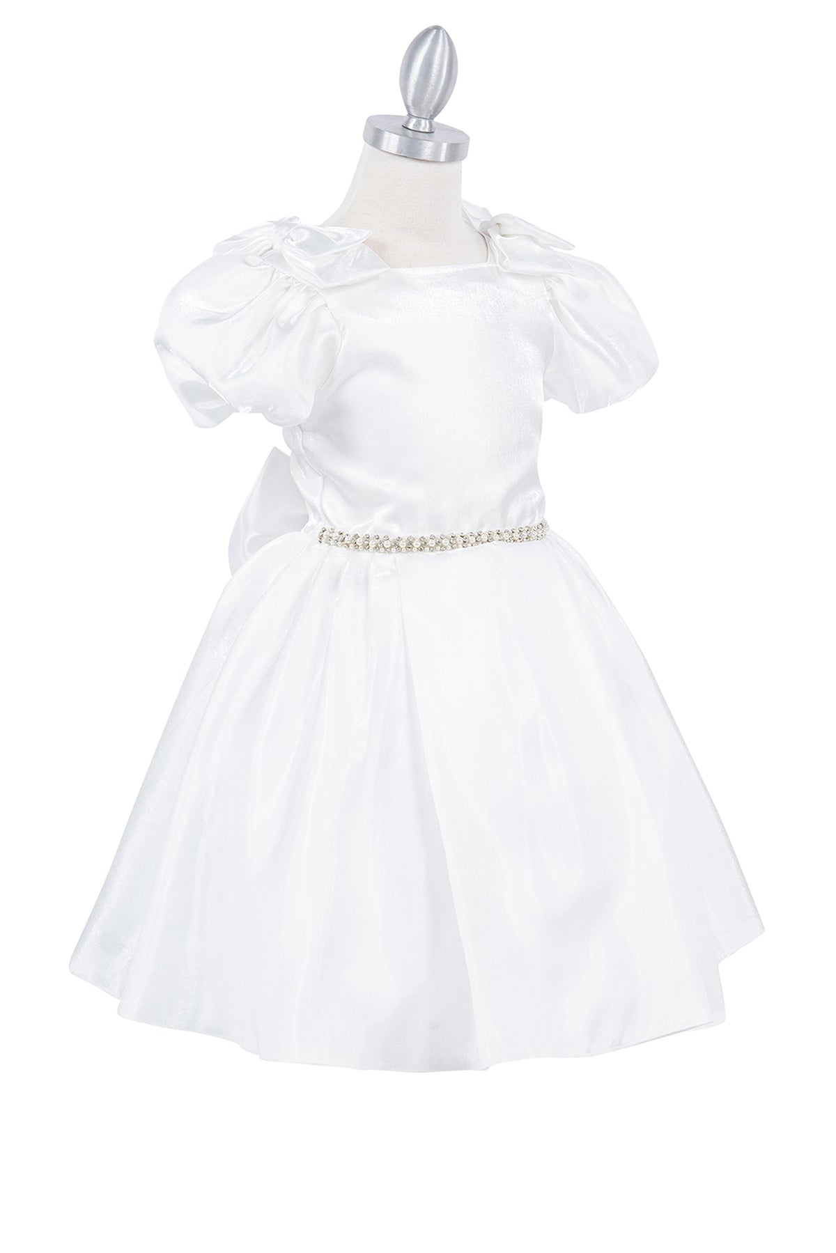 Featuring satin skirt beneath the puff sleeves on the Ivory flower girl dress.