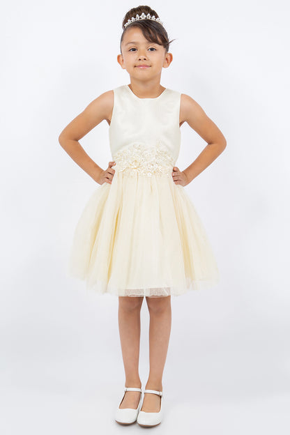 Champagne flower girl dress features flower appliques above a layered tulle skirt.