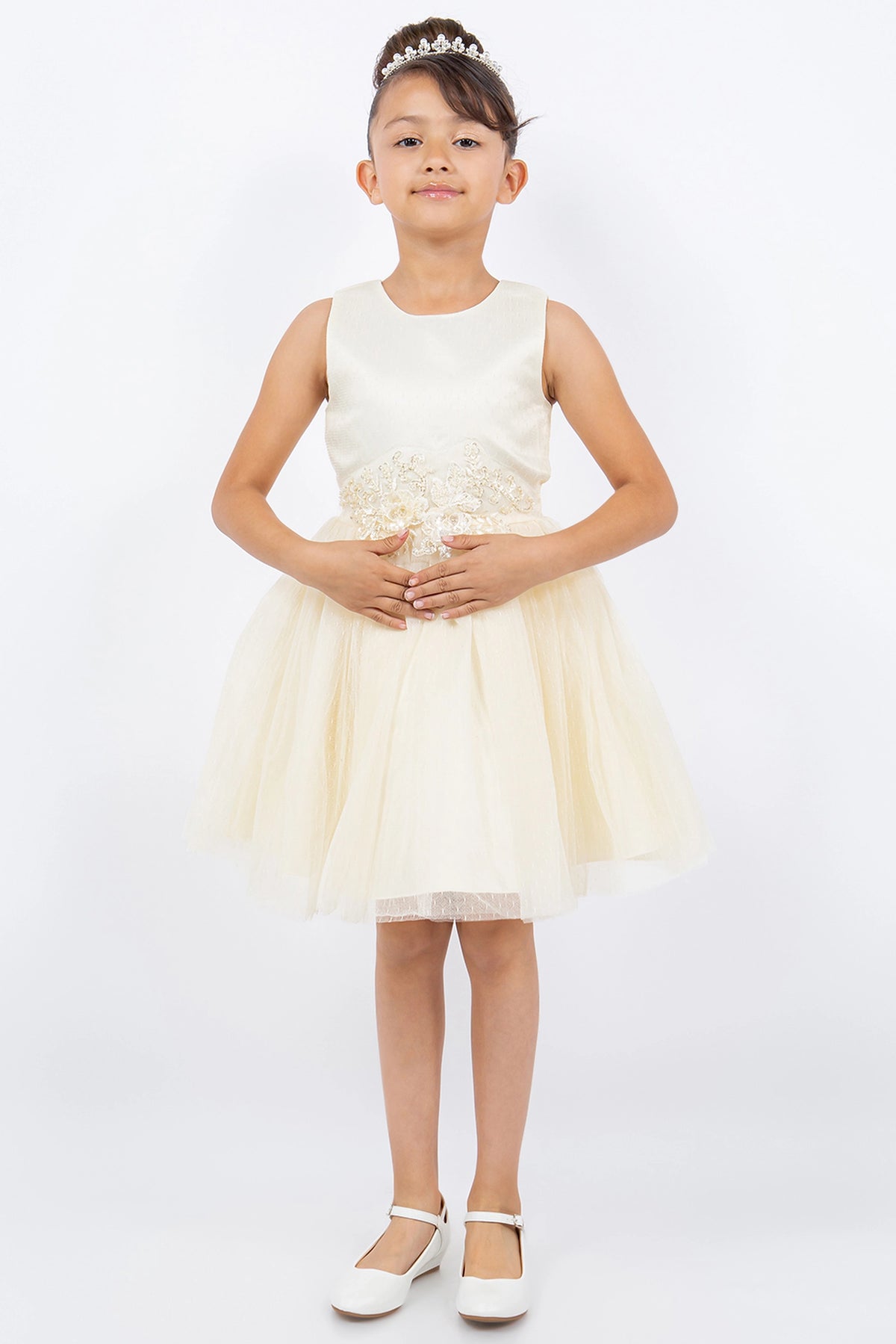 Featuring sleeveless satin bodice with a floral waistband on the Champagne flower girl dress.