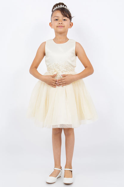 Featuring sleeveless satin bodice with a floral waistband on the Champagne flower girl dress.