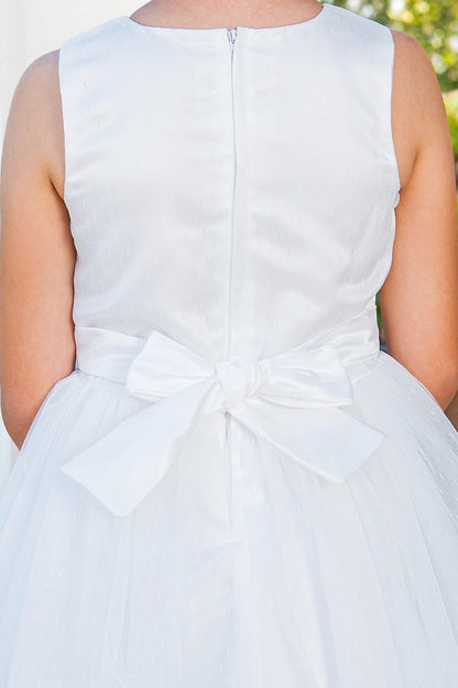 Notice the center zipper and satin bow at the back on this White flower girl dress.