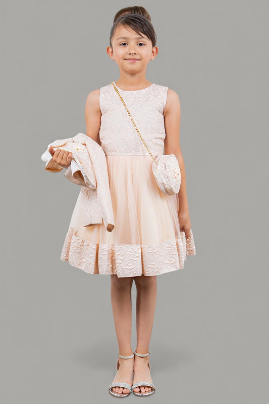Showcasing with a cropped matching jacket, this Pink kids party dress displays elegant detail.