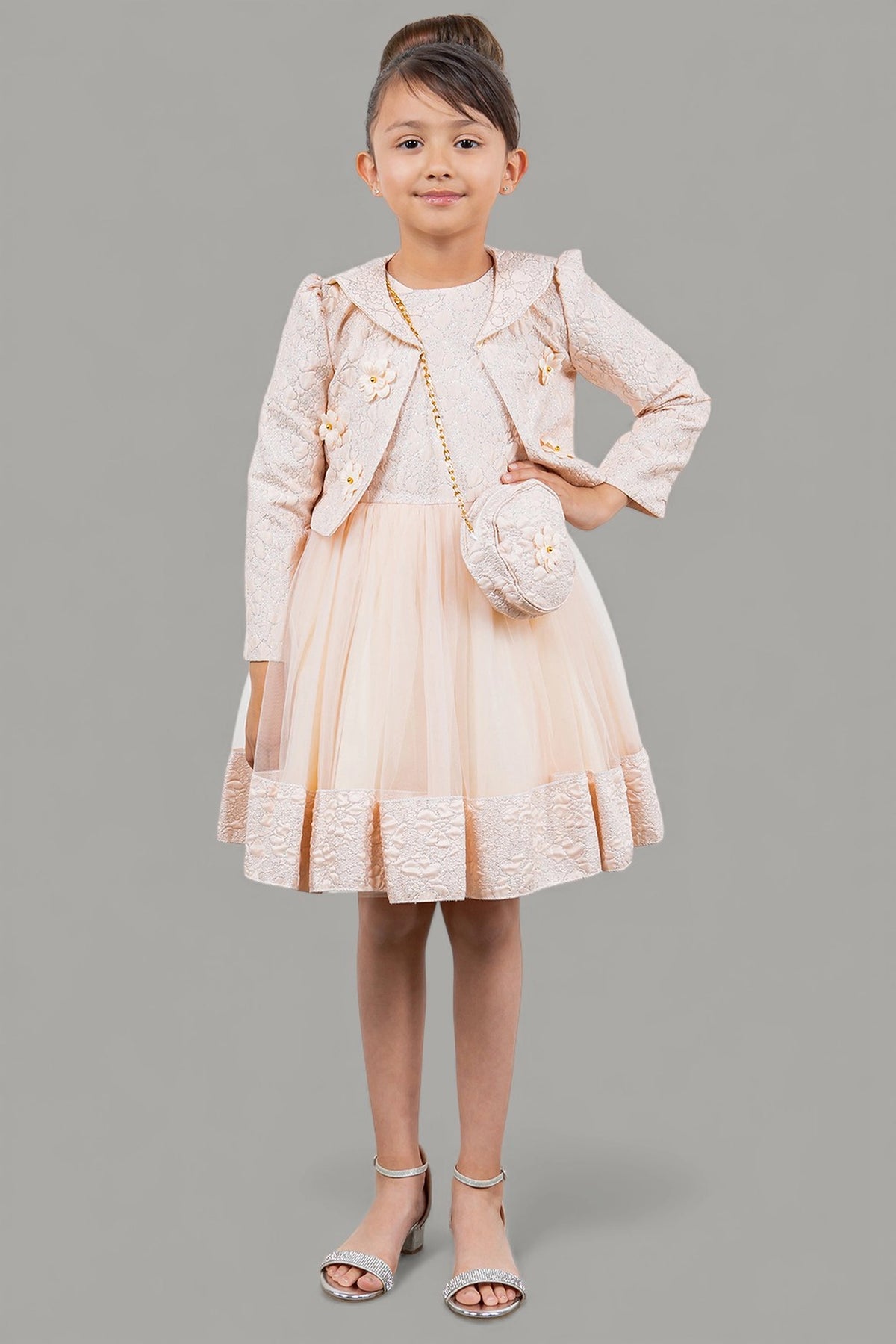 Accented a floral jacquard skirt adds character to this Pink kids party dress.