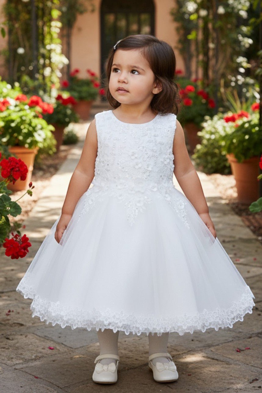 White flower girl Dress Front View With Embroidered Bodice And Layered Tulle Skirt.