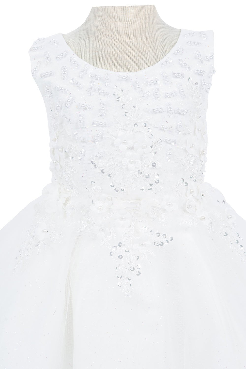 Close-up front view of white flower girl dress showing beadwork and floral embroidery detail.