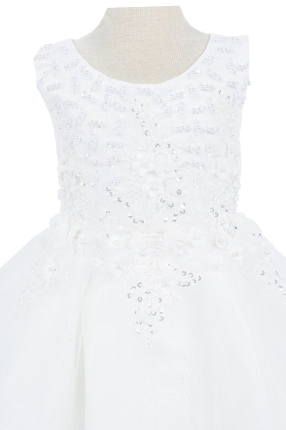 Close-up front view of white dress showing beadwork and floral embroidery detail