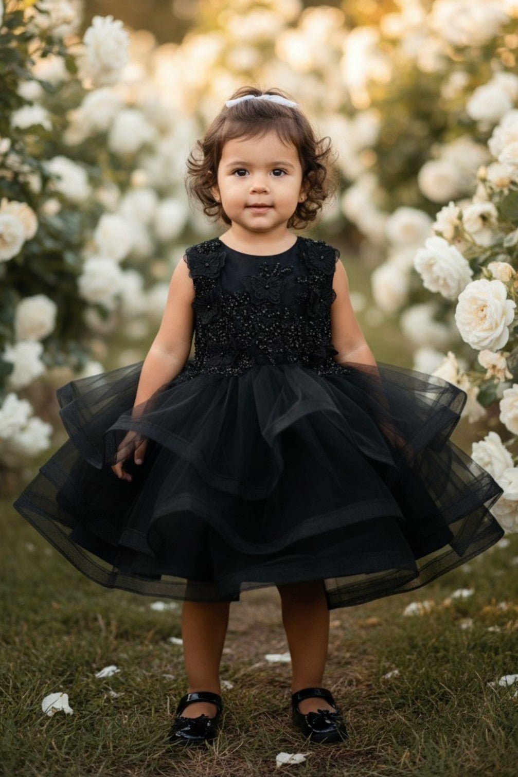 Black flower girl Dress Front View With Layered Skirt And Oversized Bow Detail.