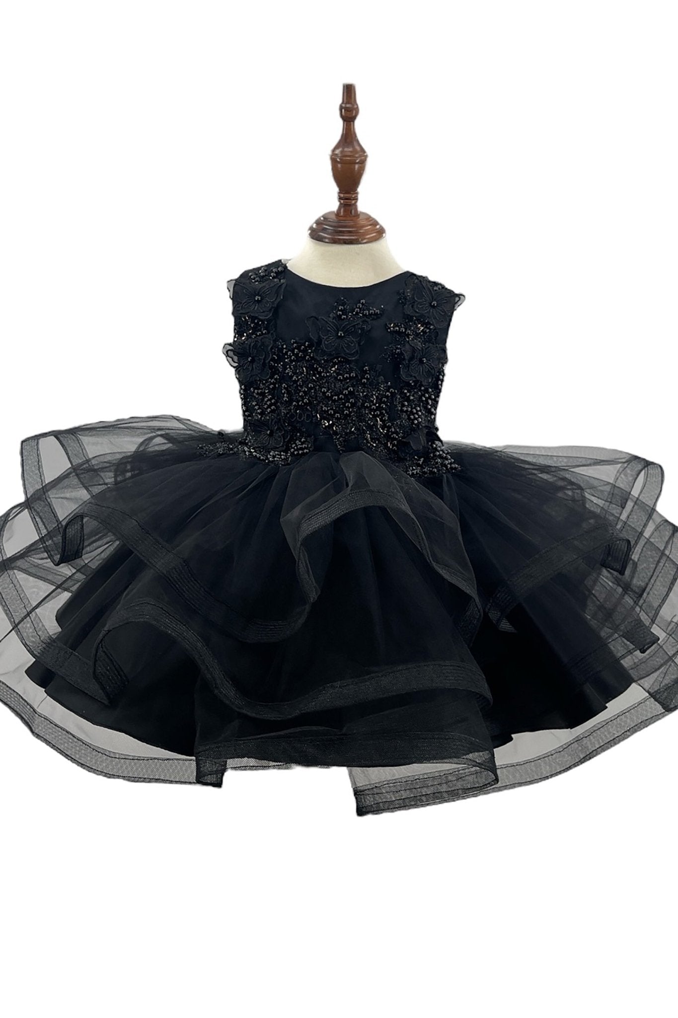 Black BabyToddler Butterfly Pearl Multi-layered Tulle 1st Birthday Party flower girl dress - front view of dress.