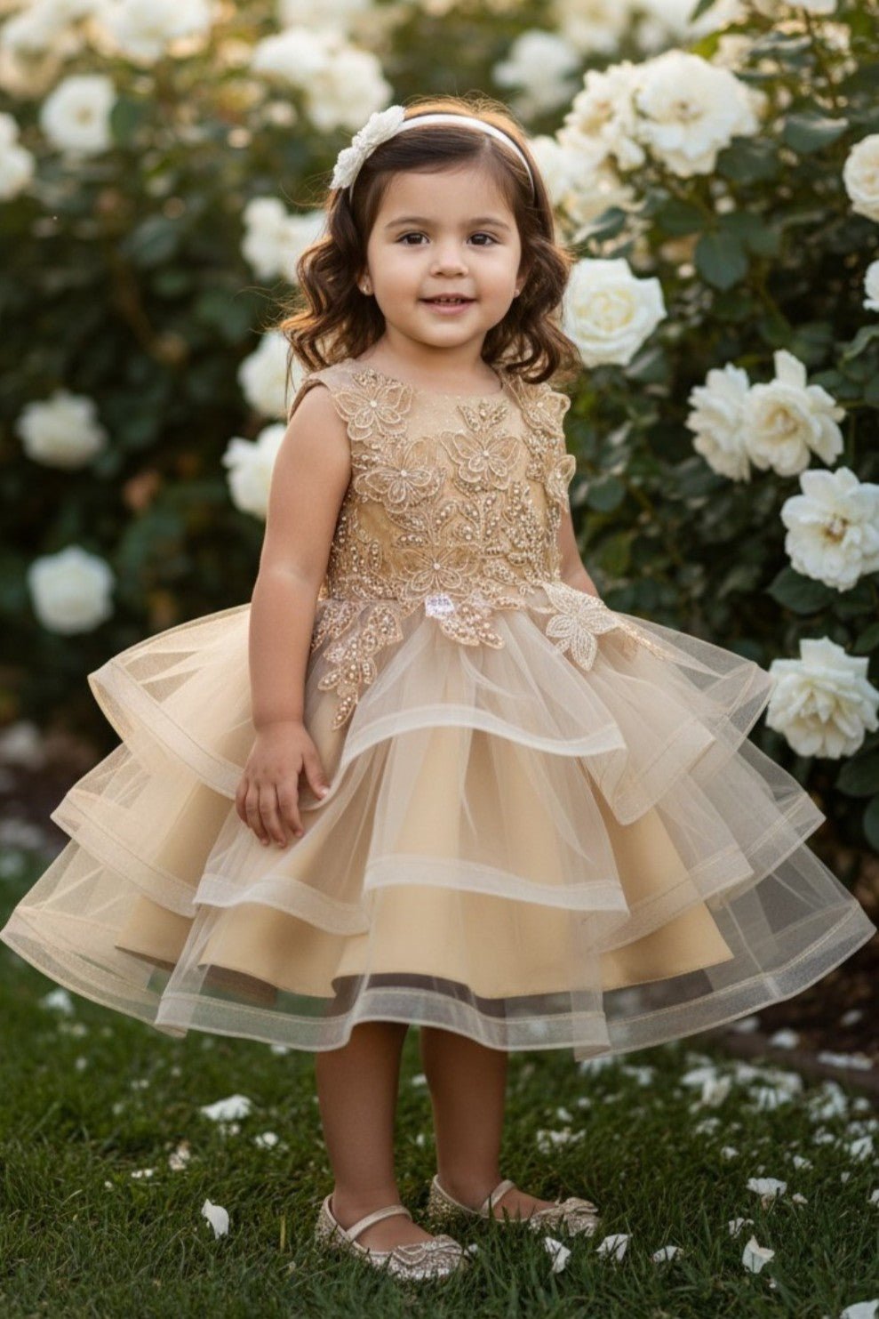 Gold flower girl Dress Front View With Layered Skirt And Oversized Bow Detail.