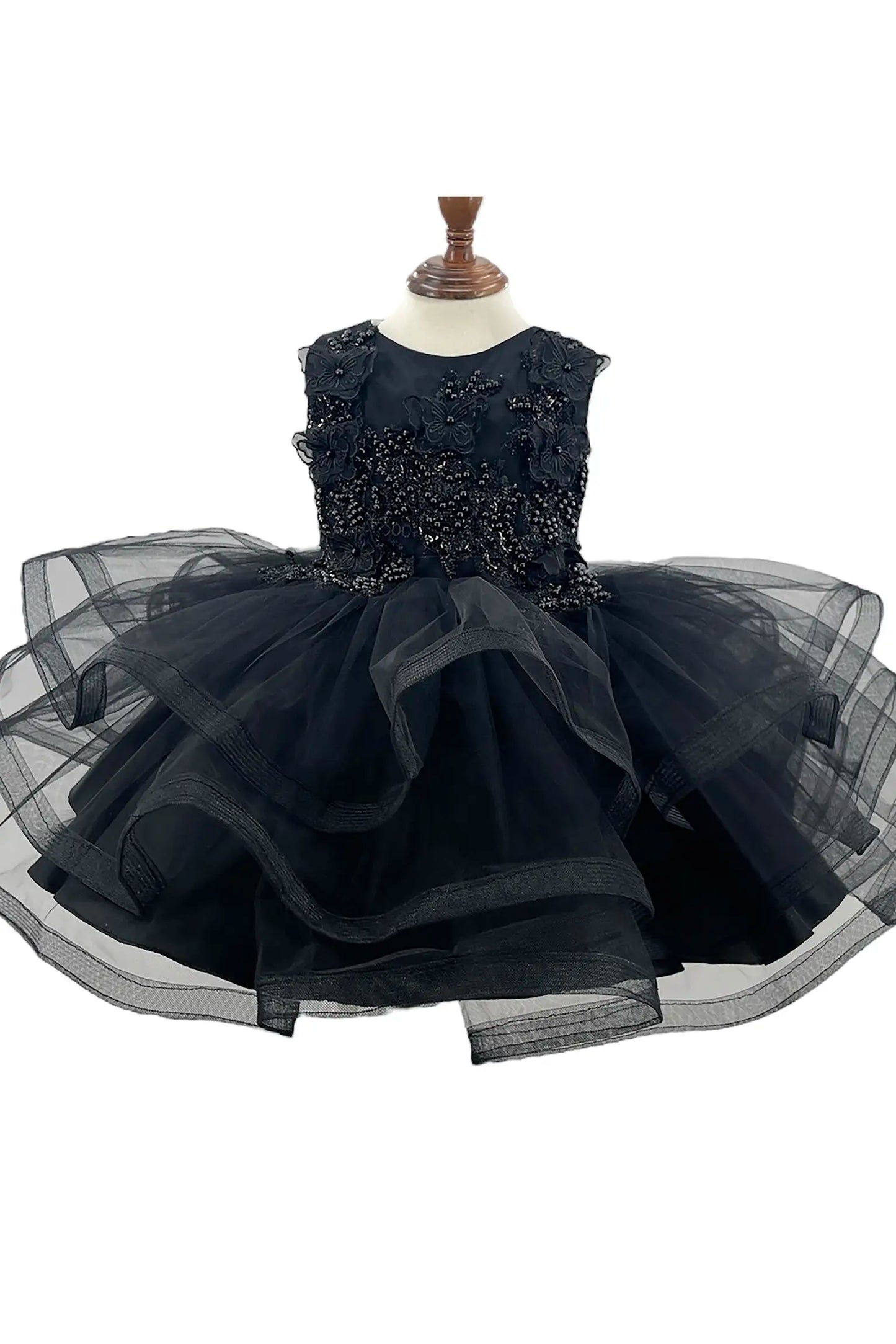 Black Baby Toddler Butterfly Pearl Multi-layered Tulle 1st Birthday Party Dress
