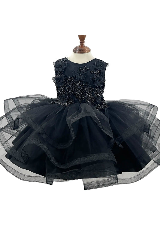Black Baby Toddler Butterfly Pearl Multi-layered Tulle 1st Birthday Party Dress