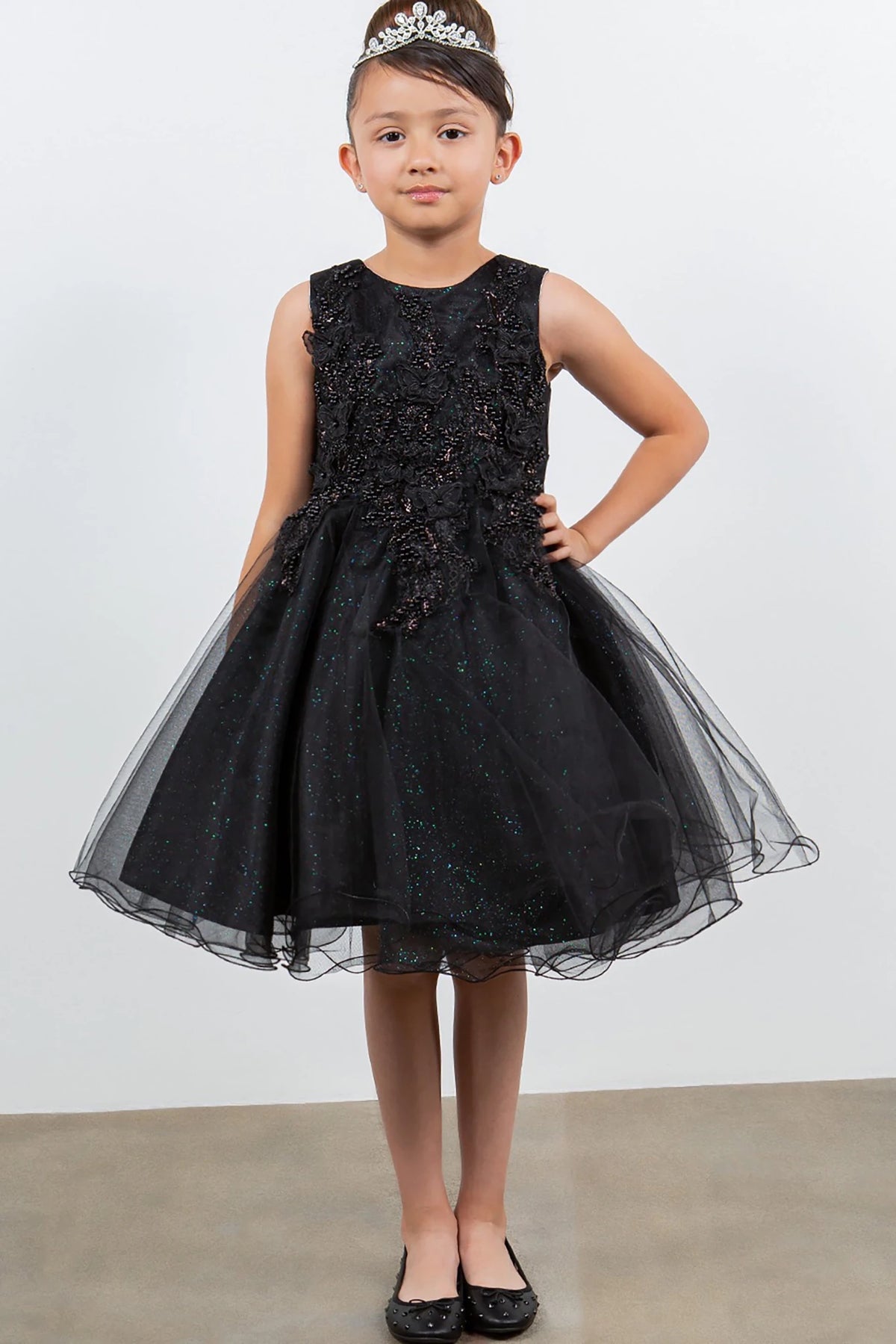 Front view of Black Butterfly Pearl Lace with Glitter Tulle flower girl dress.
