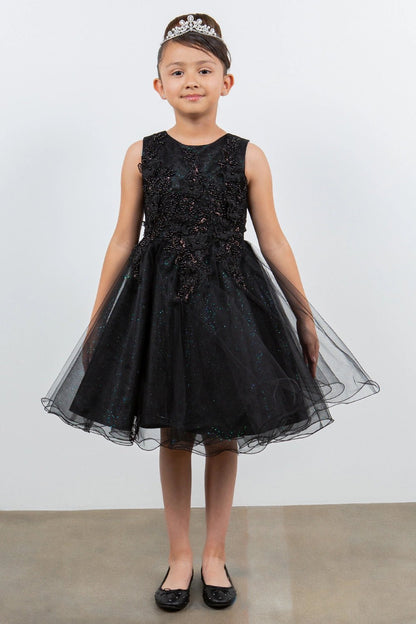 Displayed in a front view, the Black flower girl dress has floral lace bodice and layered tulle skirt with a wired hem.