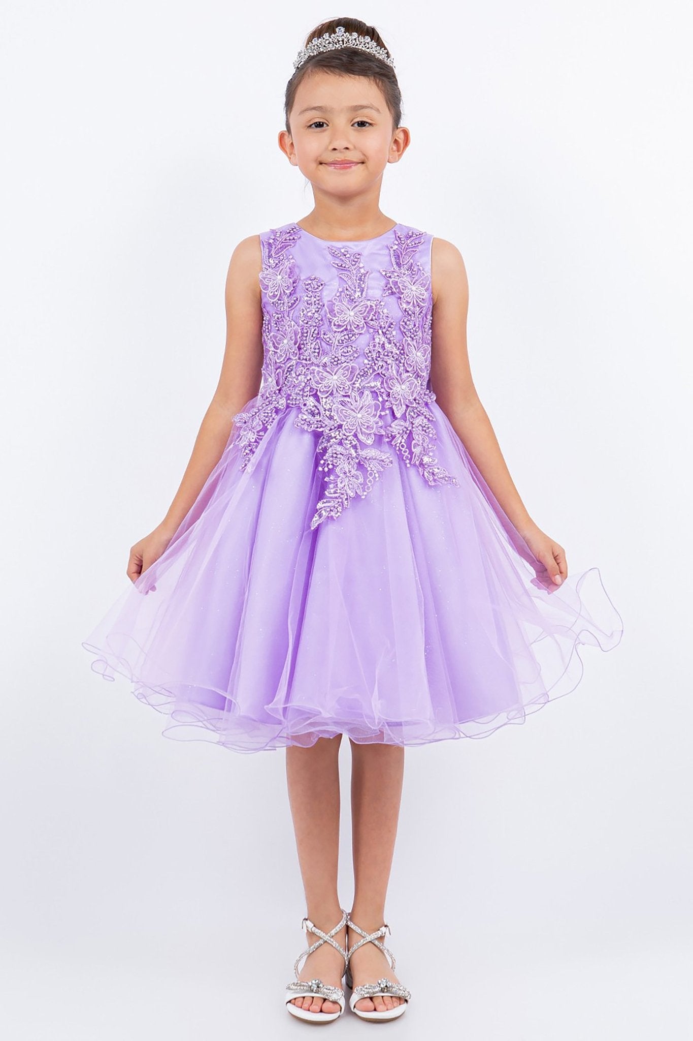 Front view of Lilac Butterfly Pearl Lace with Glitter Tulle flower girl dress.