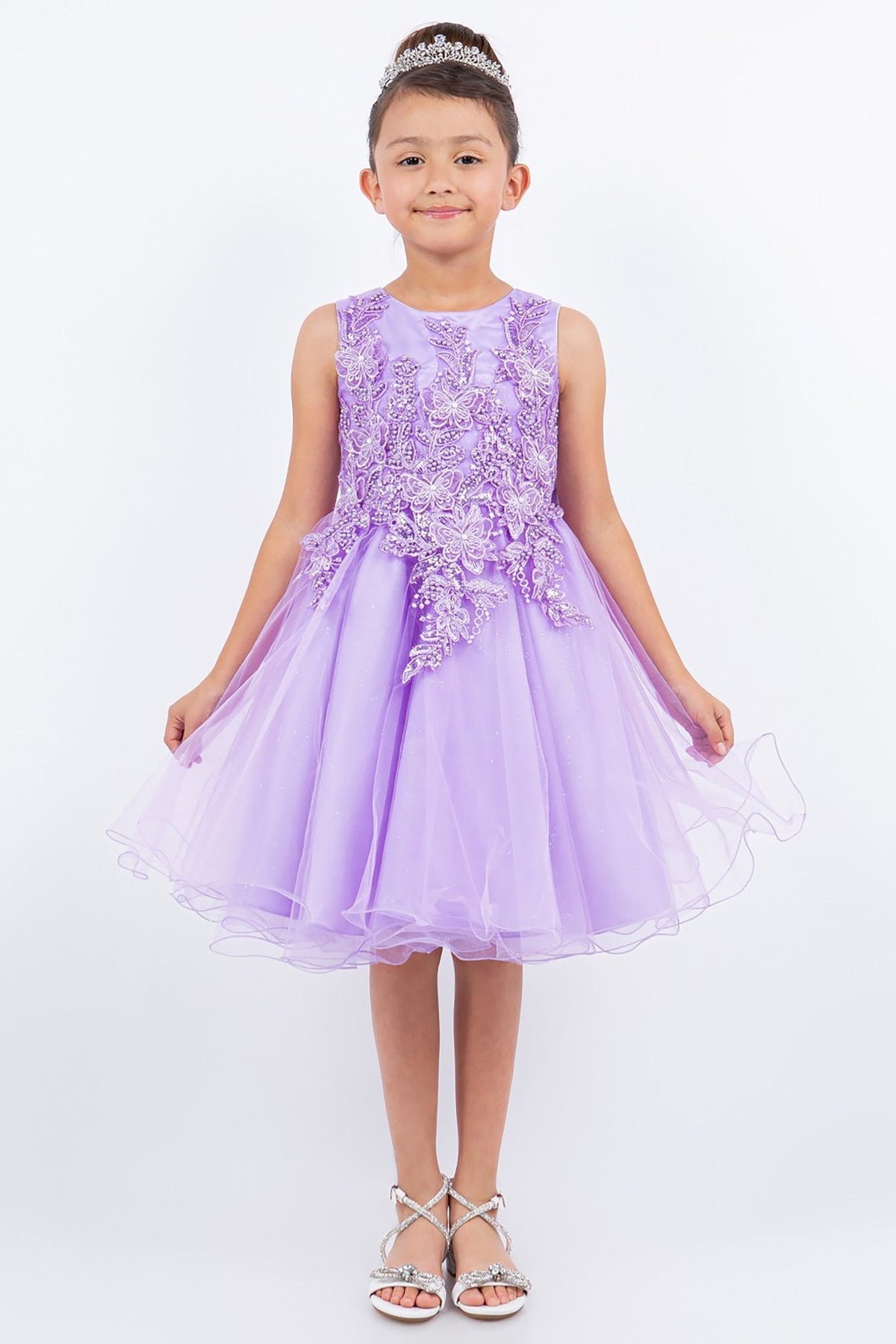 Front view of Lilac Butterfly Pearl Lace with Glitter Tulle flower girl dress.