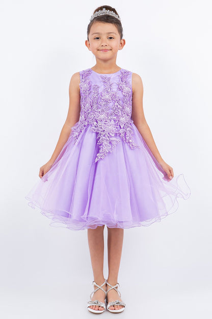 Front view presents lilac Butterfly Pearl Lace with Glitter Tulle flower girl dress.