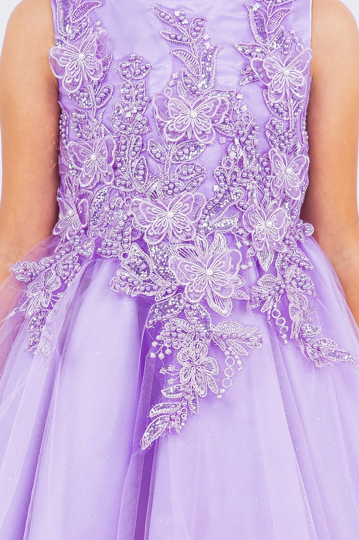 Close-up of Lilac Butterfly Pearl Lace with Glitter Tulle flower girl dress.