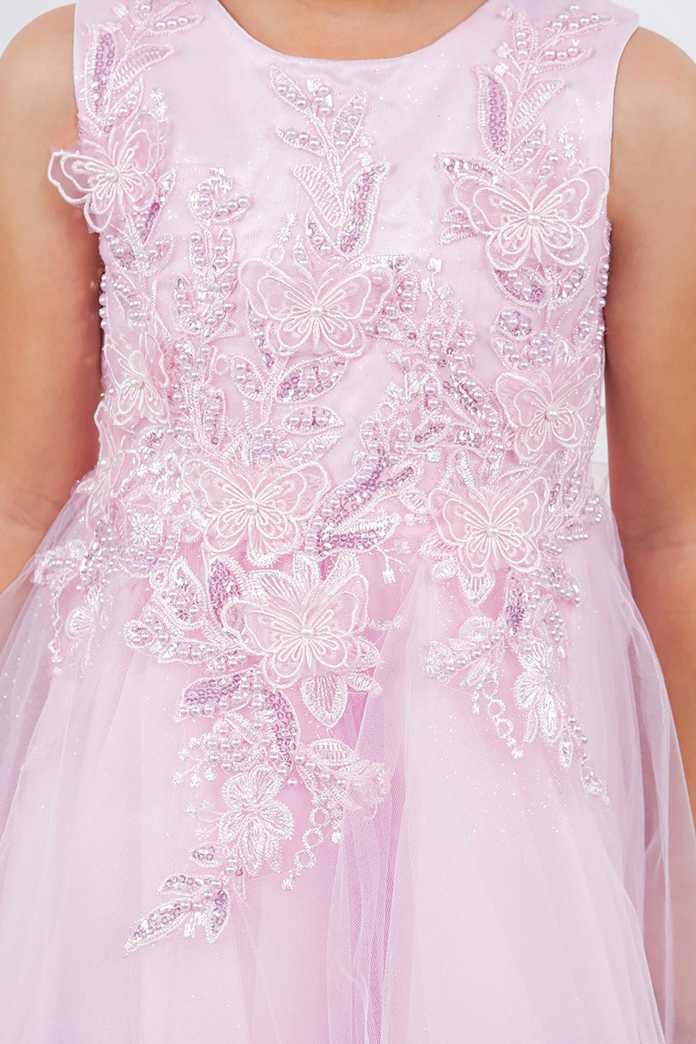 Front view of Pink Butterfly Pearl Lace with Glitter Tulle flower girl dress.