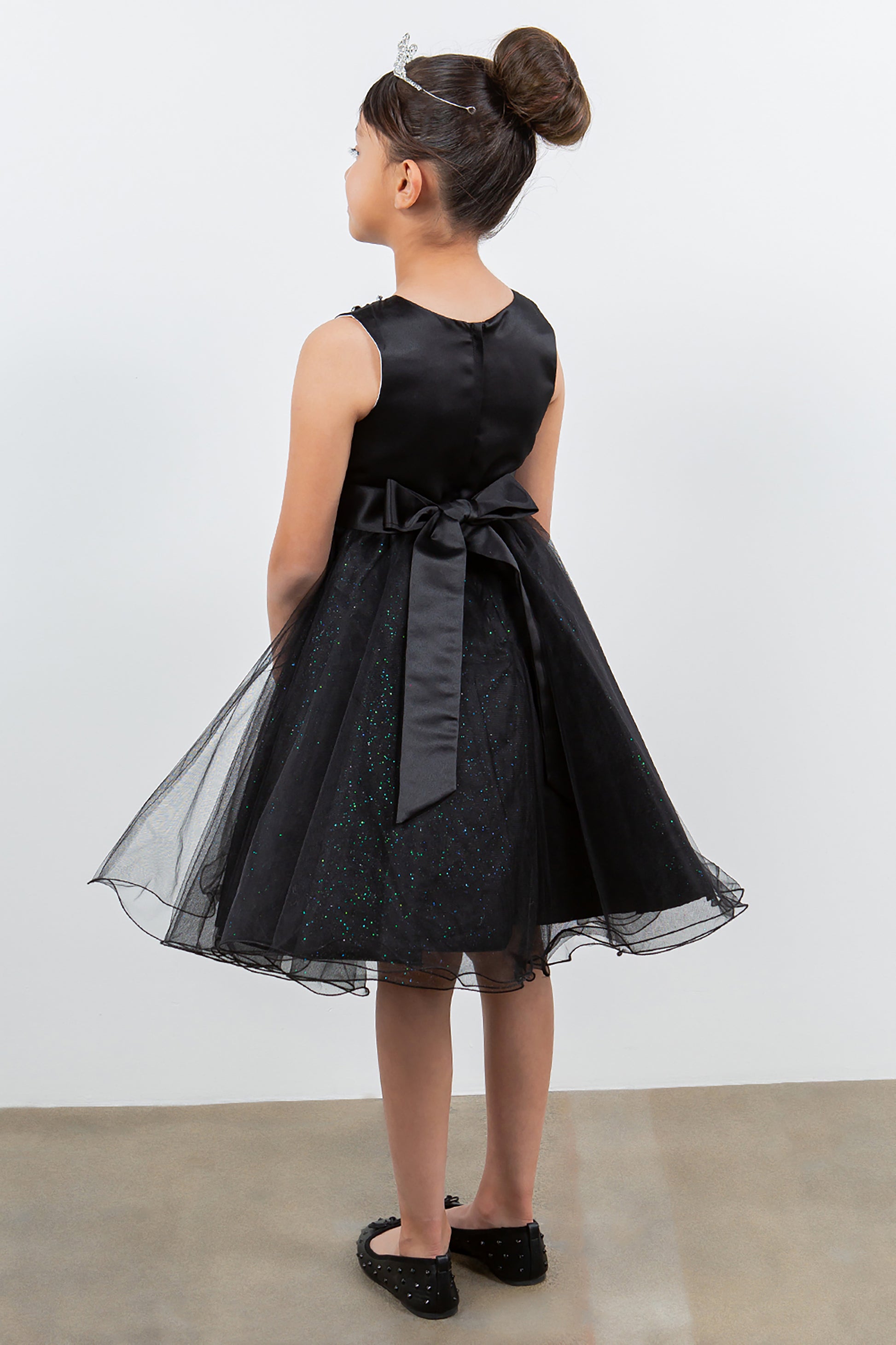 Black | 4 Colors | Butterfly Pearl Lace with Glitter Tulle Flower Girl Dress | Kid Special Occasion Dress - back view of girl wearing dress and crown