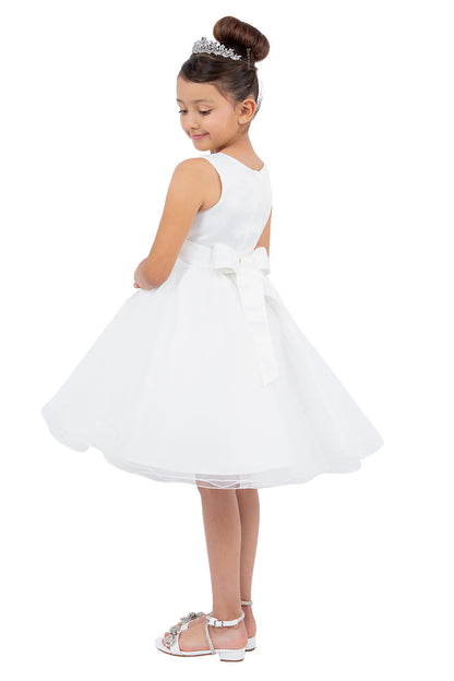 Off-White | 4 Colors | Butterfly Pearl Lace with Glitter Tulle Flower Girl Dress | Kid Special Occasion Dress - back/side view of girl wearing dress and crown looking at ground