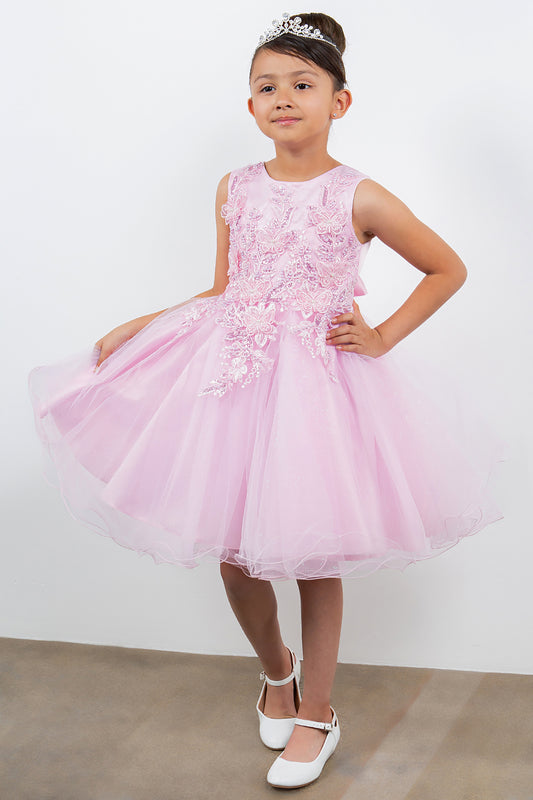 Pink | 4 Colors | Butterfly Pearl Lace with Glitter Tulle Flower Girl Dress | Kid Special Occasion Dress - front view of girl wearing dress with one hand on hip