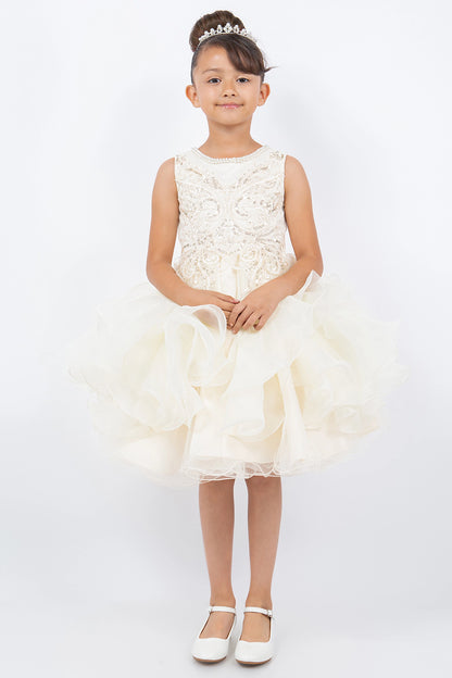 Featuring curving beadwork above the full ruffled skirt on the Ivory flower girl dress.