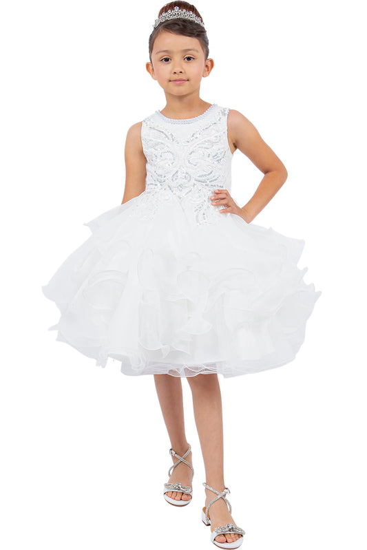 Off-White flower girl dress features ruffled tulle skirt below an embellished bodice.