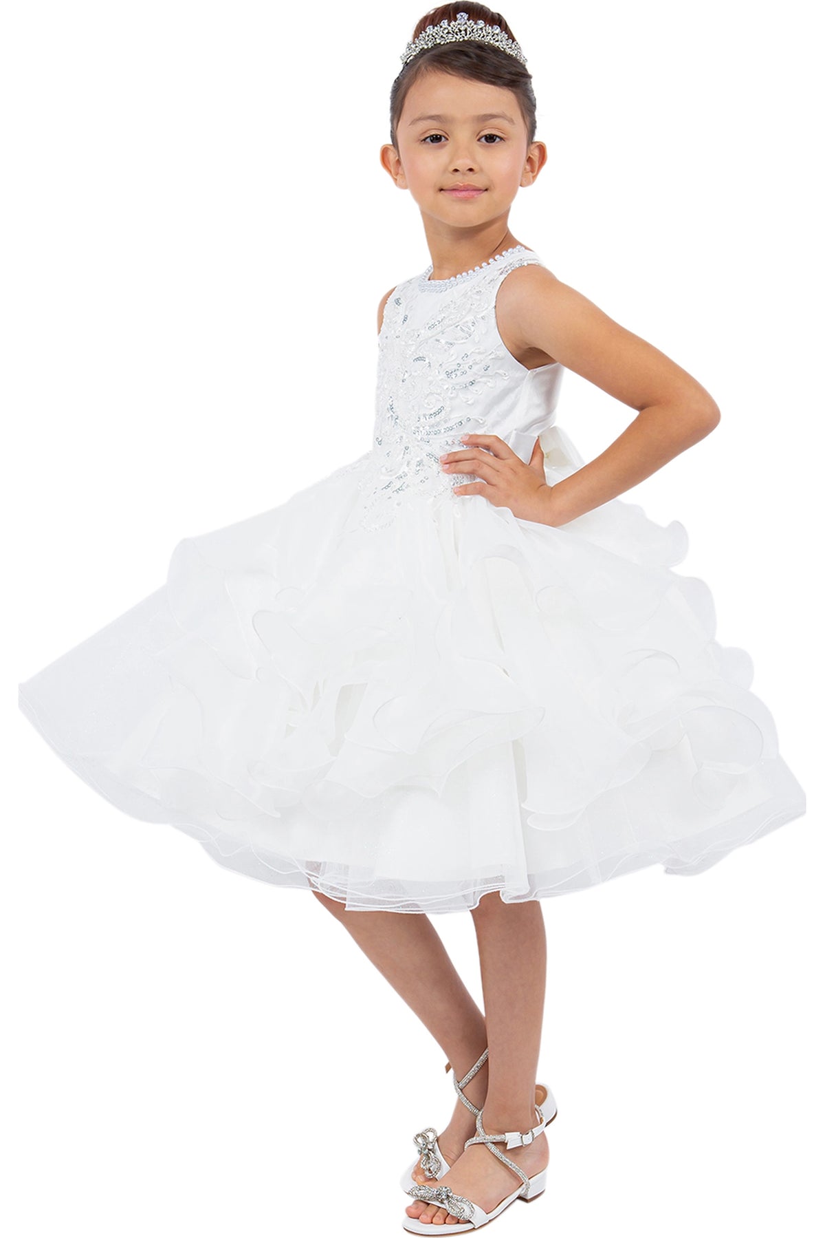 Featuring layered tulle ruffles beneath the fitted waist on the Off-White flower girl dress.