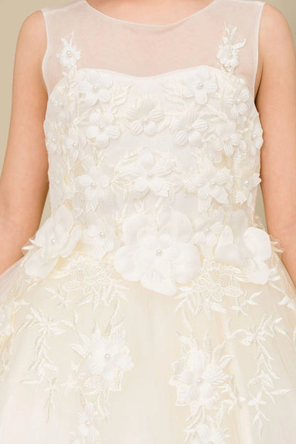 Visible on this Ivory flower girl dress: dimensional flowers across the sheer-yoke bodice.