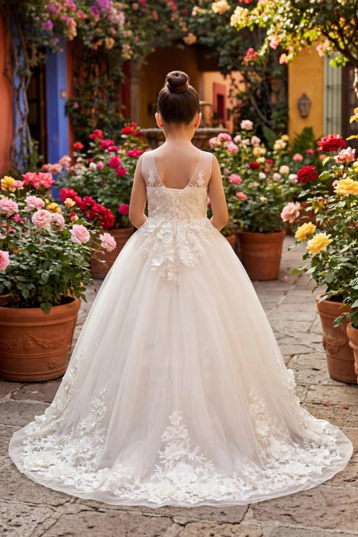 A Ivory flower girl dress showing floral lace along the long back hem.