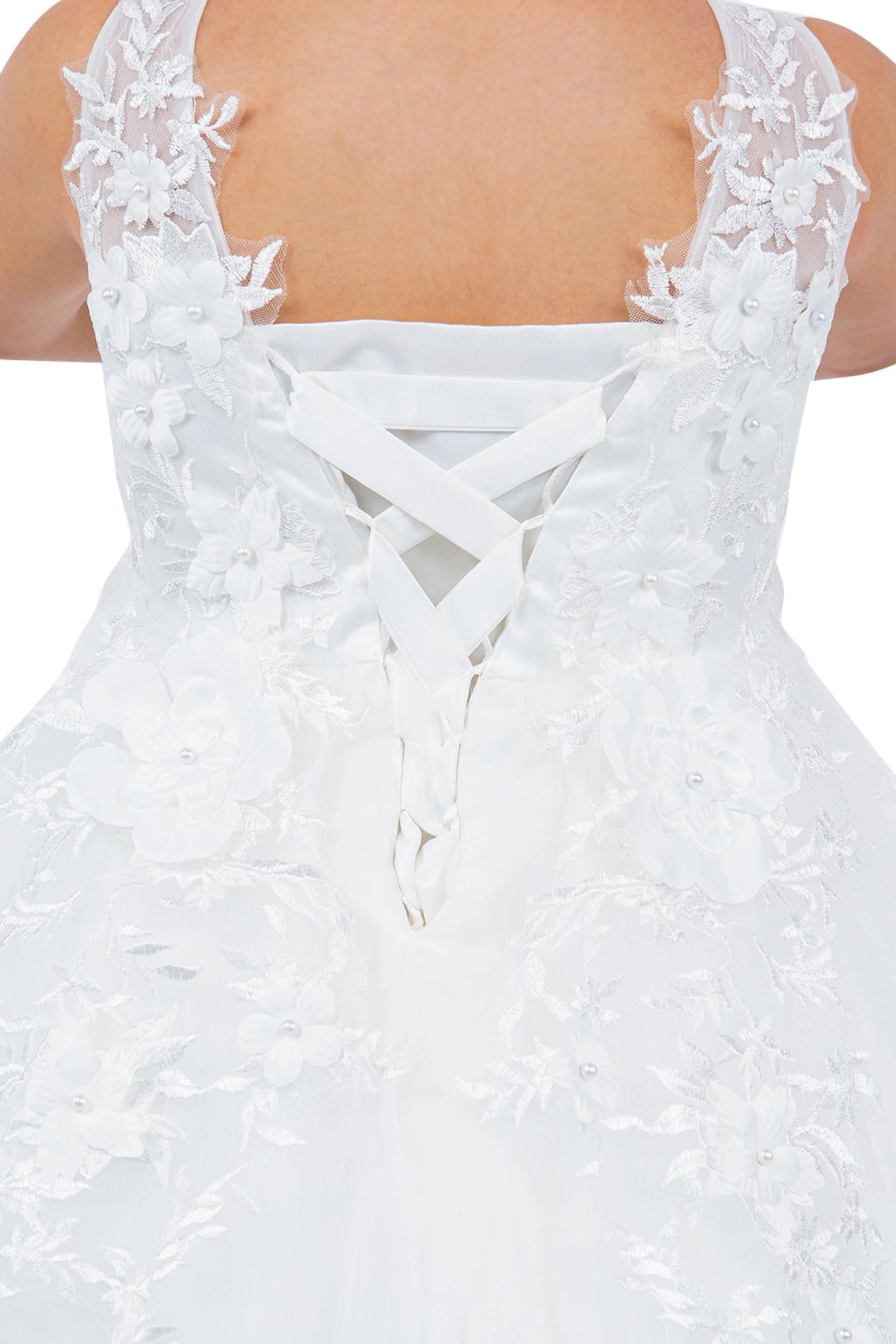 A Off-White flower girl dress showing lace-up back framed by floral appliques.