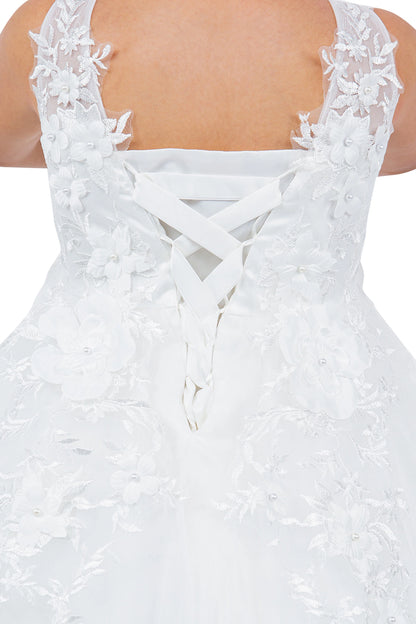 A Off-White flower girl dress showing lace-up back framed by floral appliques.