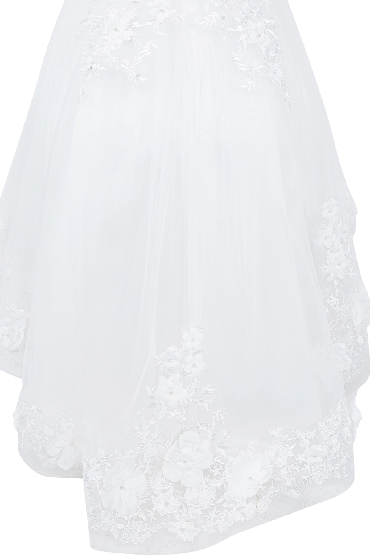 Details of the Off-White flower girl dress include scalloped lace hem beneath a tulle skirt.