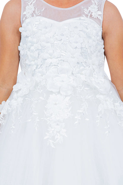 Visible on this Off-White flower girl dress: large raised flowers across the bodice.