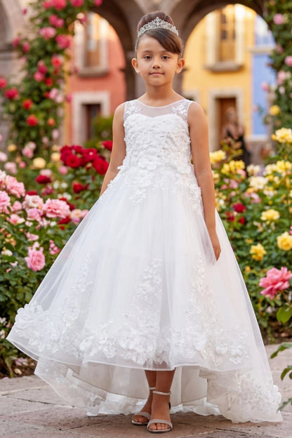 Off-White flower girl dress features floral lace across the bodice and long skirt.