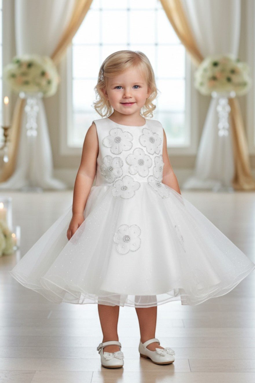 White flower girl Dress Front View With Lace Bodice And Layered Organza Ruffles.