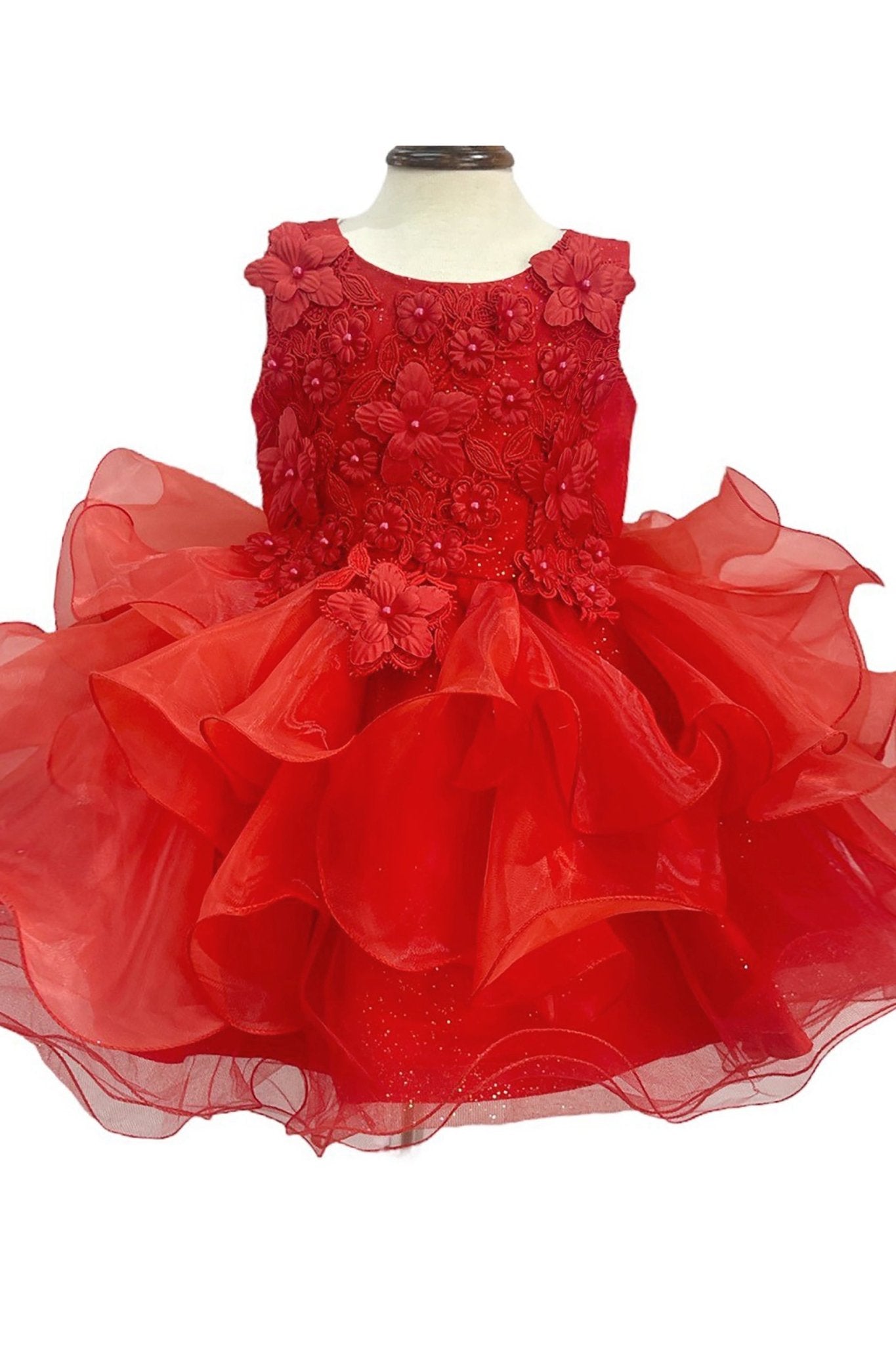 Red flower girl dress with floral details with layered ruffled skirt.