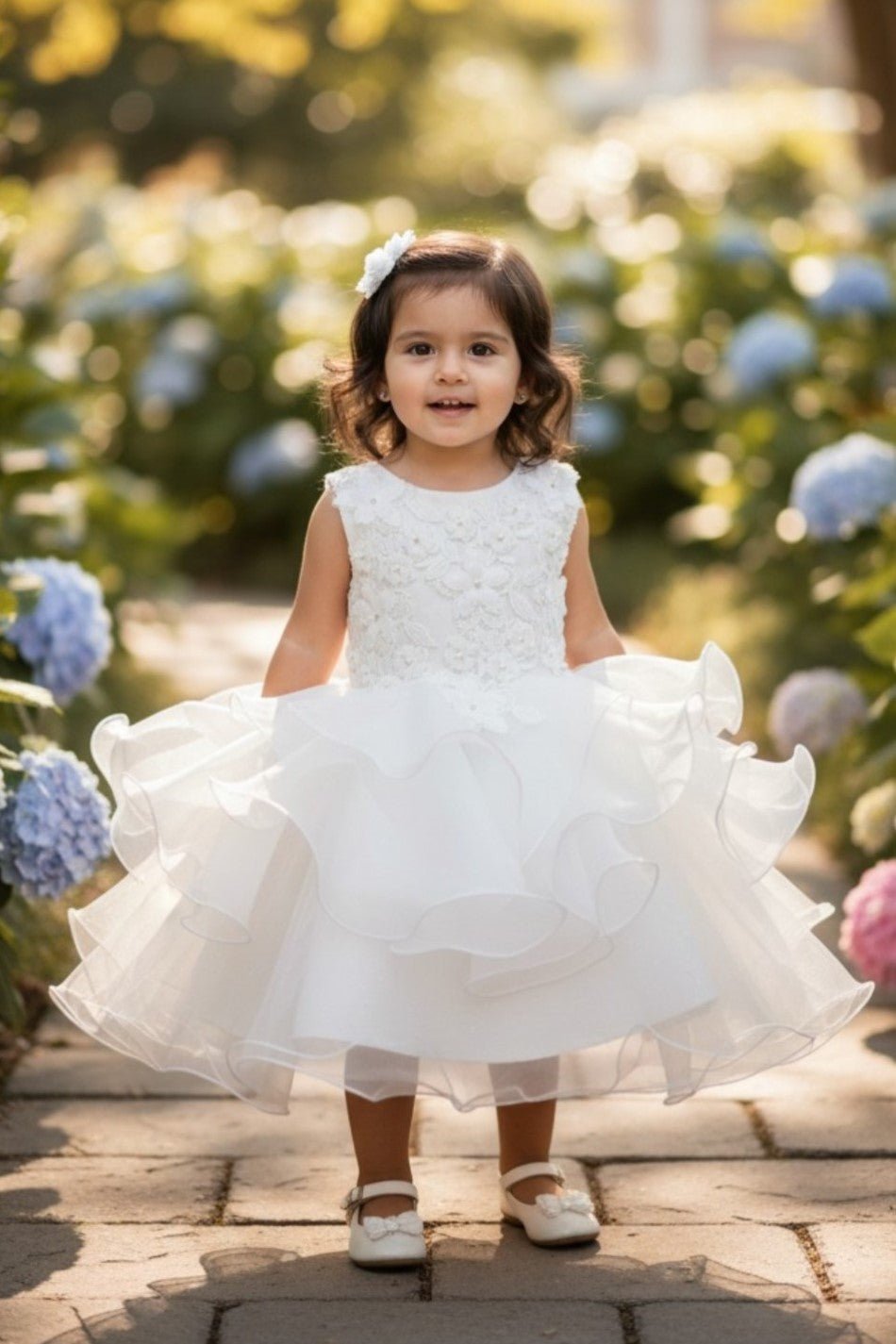 White flower girl Dress Front View With Layered Skirt And Oversized Bow Detail.