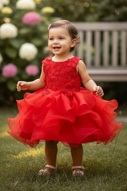 Kid Wearing Red Flower Girl Dress Front View With Layered Skirt And Oversized Bow Detail