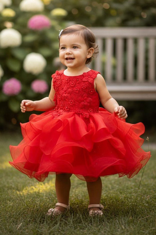 Kid Wearing Red Flower Girl Dress Front View With Layered Skirt And Oversized Bow Detail