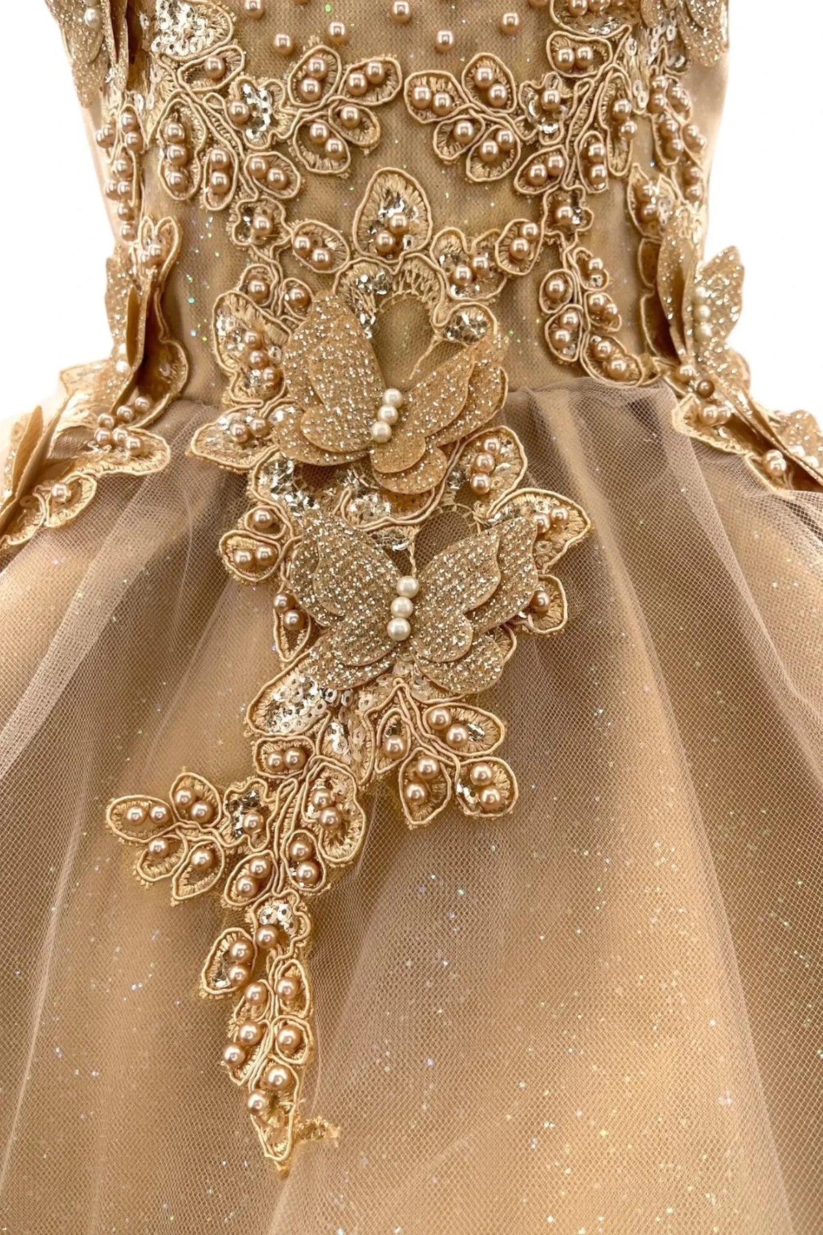 Butterfly appliques and beaded flowers detail the Gold flower girl baby dress at the waist.