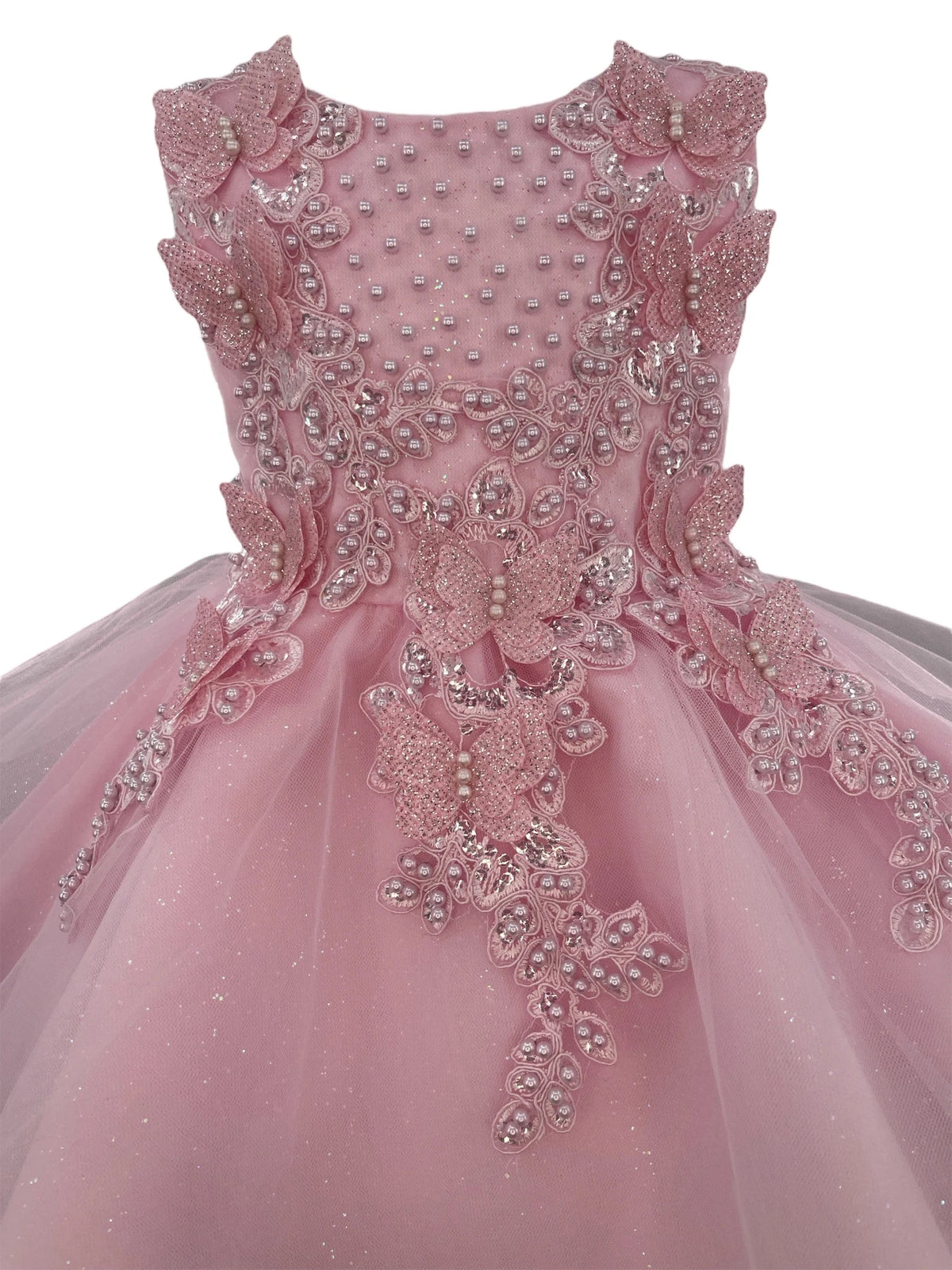 Beaded floral embroidery and butterfly accents adorn the Pink flower girl baby dress bodice.