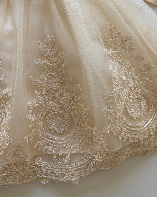 Close-up of intricate lace fabric with detailed patterns on a neutral background