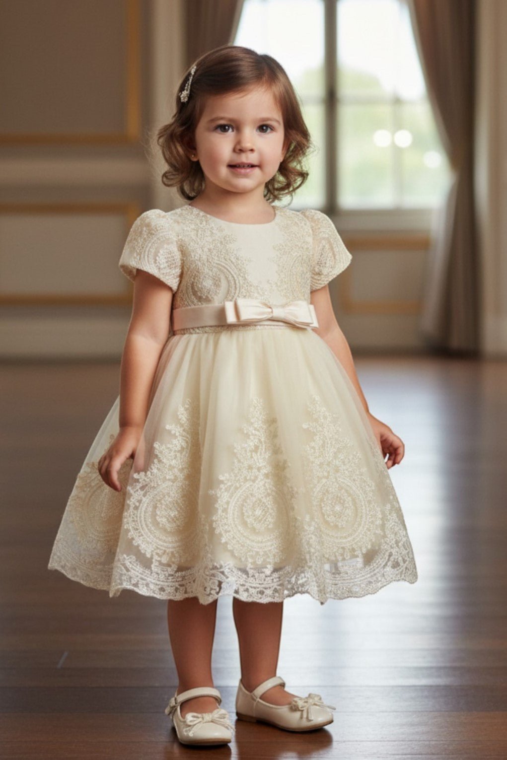 Cream flower girl Dress Front View With Layered Skirt And Oversized Bow Detail.