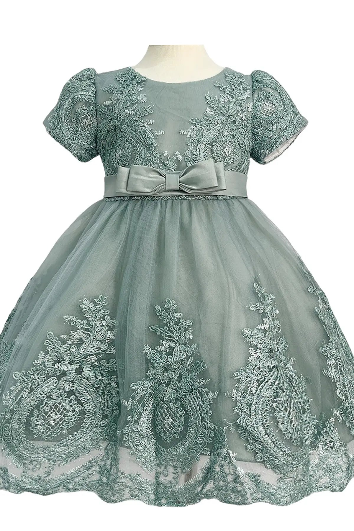 Green lace baby cap sleeves flower girl dress with a bow.