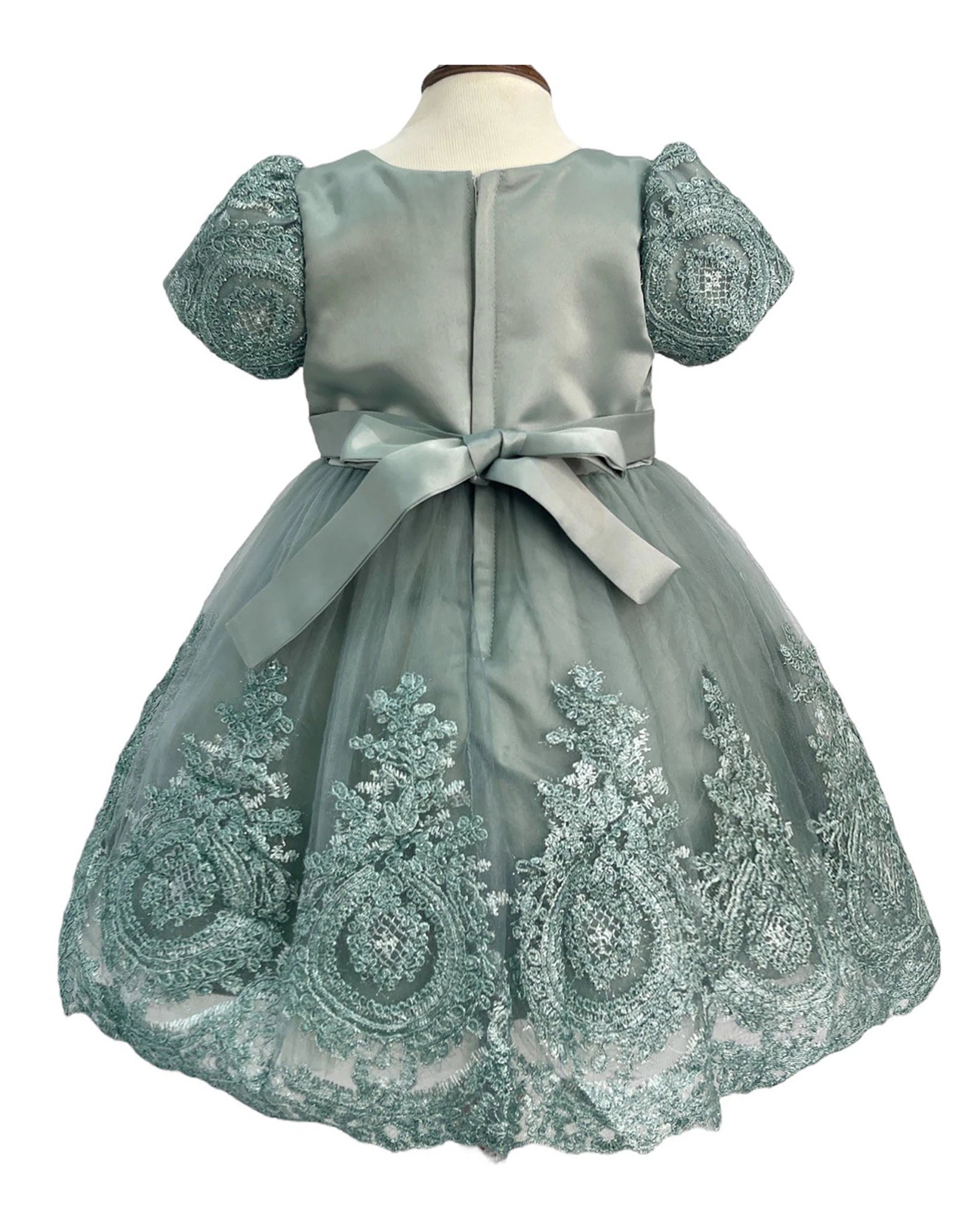 Green sage embroidered flower girl dress.